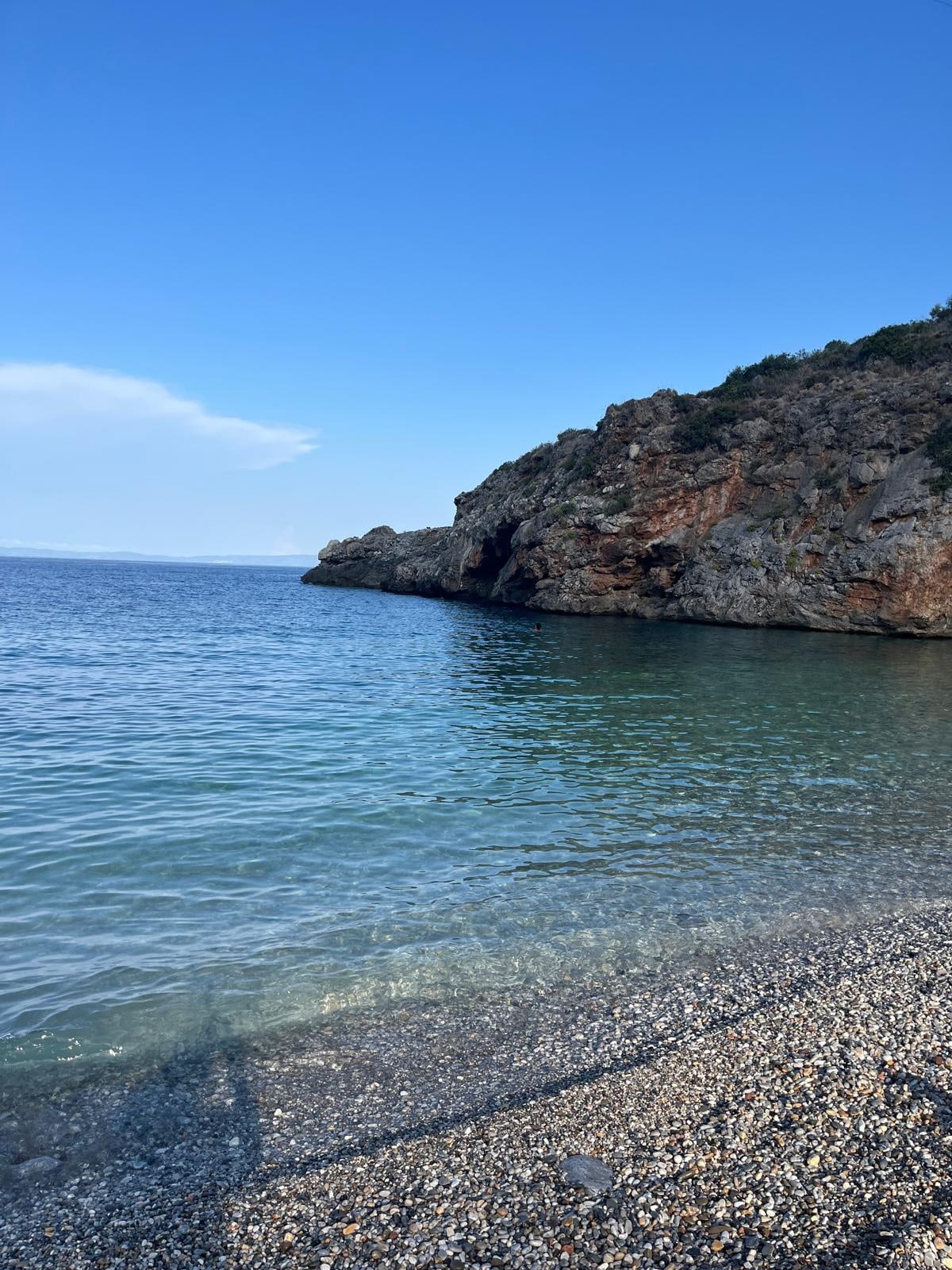A pebble beach under the cliffs, ten minutes down the hill.