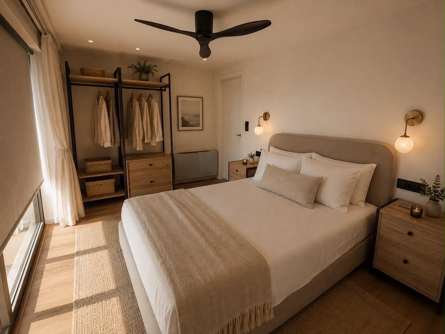 The master bedroom, with its own bathroom and the sea to the west.