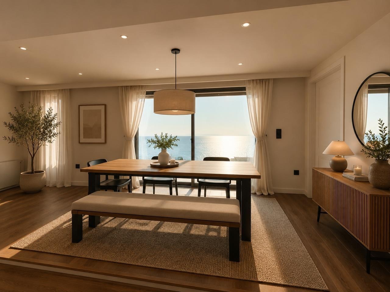 The dining room, the table laid, the gulf through the window.